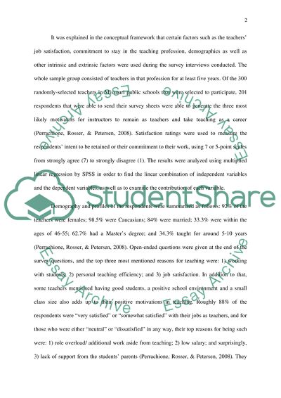 Article Critique: Why Do They Stay Elementary Teachers perceptions of Job Satisfaction and Retention