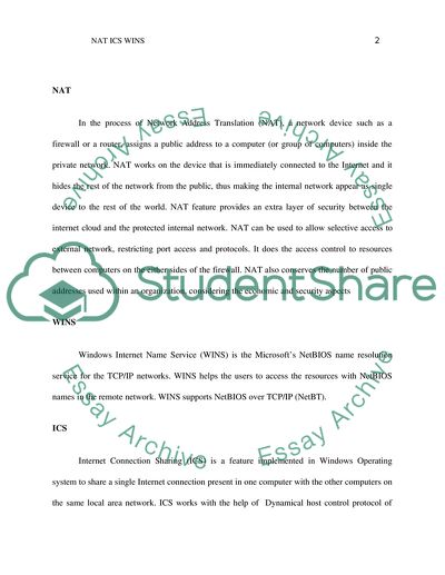 Briefly discuss the functions of NAT, ICS, and WINS as well as their uses