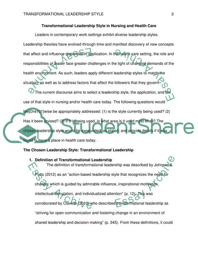 Transformational Leadership Style in Nursing and Health Care