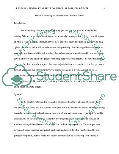 Research summary article on theorist Patricia Benner