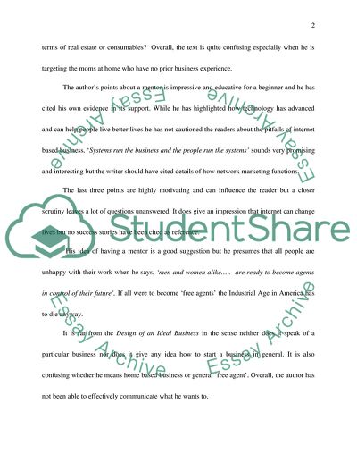 Writing a Critique to the Brad DeHavens Aticle The Design of an Ideal Business