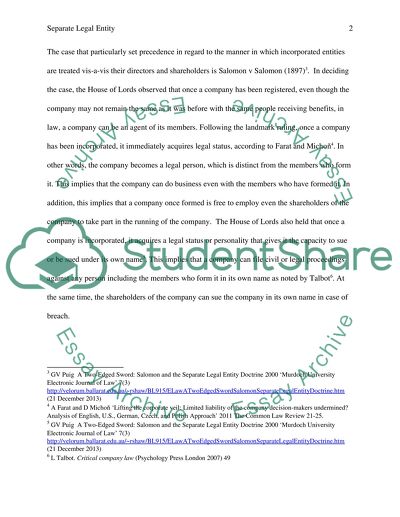Legal Entity as Embodied in Salomon v Salomon & Co Ltd