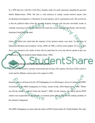 Current Terrorist and Other Political Operations - Ilich Ramirez Sanchez aka Carlos the Jackal