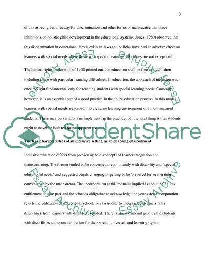 Definition of Inclusion Practice in the Early Years with Refereconcerningn and Policy