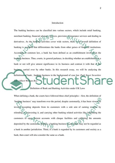 Bank and Banking Activities under UK Laws - Park Street Securities Ltd v Albert William Roe