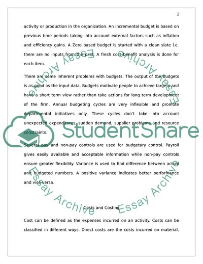 Budget and Budgeting, Cost and Costing