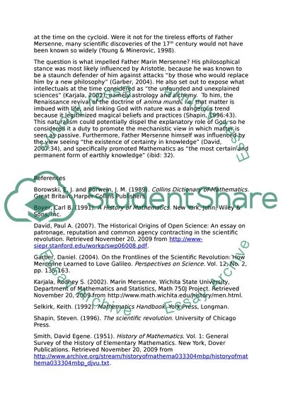 Father Marin Mersenne and the New Mathematical Approach during the Scientific Revolution of the 17th Century