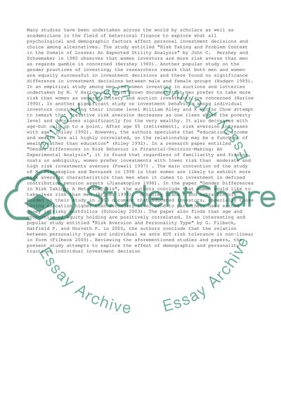 The effect of demographics and personality on investment choice among UK investors