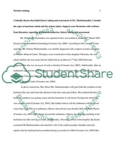 The Initial History Taking and Assessment of Mr. Markantonakis