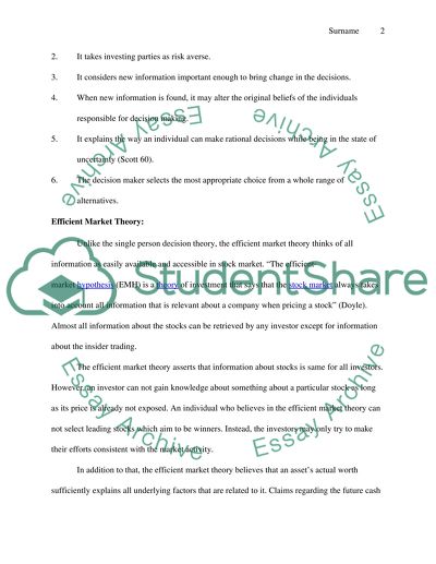 Single Person Decision Theory and Efficient Market Theory