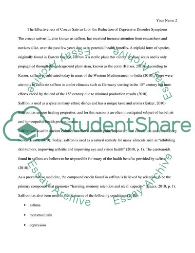 The Effectiveness of Crocus Sativus on the Reduction of Depressive Disorder Symptoms