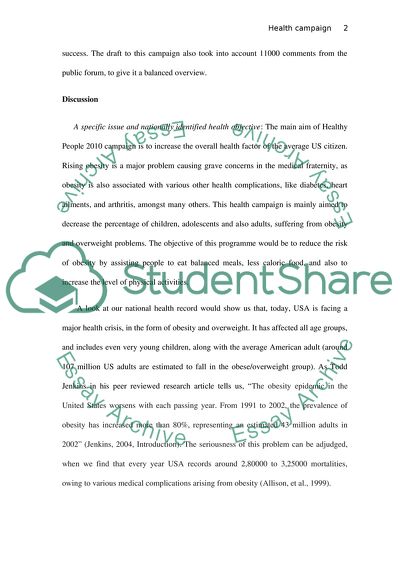 Health Campaign to Create Awareness on the Increasing Obesity and Its Ill-Effects