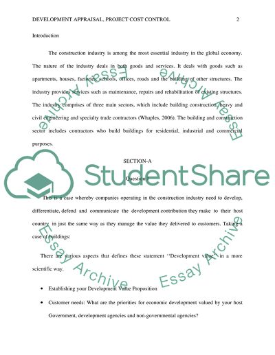 Development Appraisal, Project Cost Control