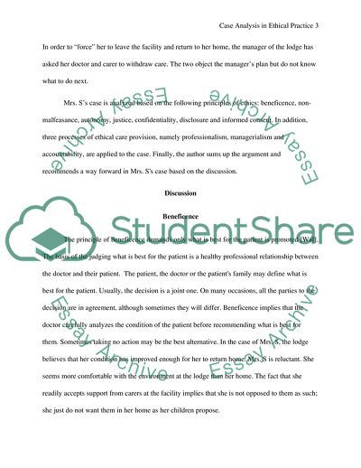 Case Analysis Based on the Principles and Processes of Ethical Practice in Care Provision