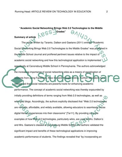Article Review on Technology in Education: Academic Social Netwroking Brings Web 2.0 Technologies