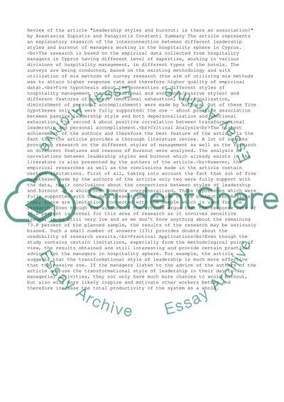 Leadership Styles and Burnout - Is There an Association by Zopiatis and Constanti