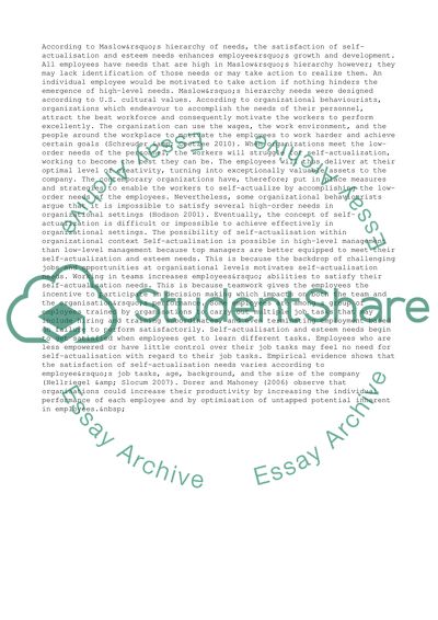 Self-Actualisation Is Impossible within Todays Organizational Settings