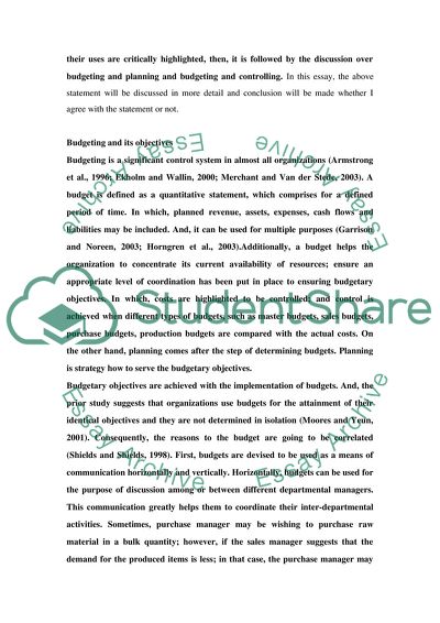 Planning And Control Of Budgets