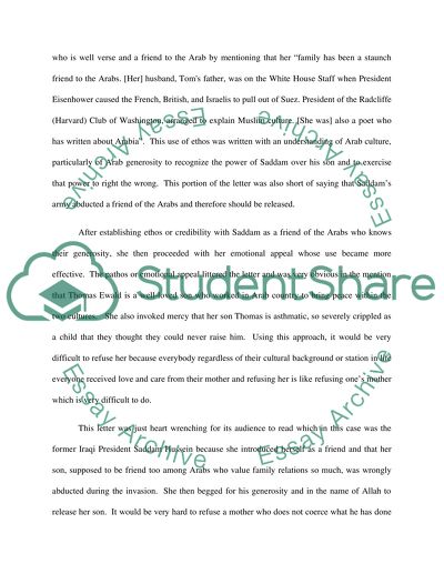 Rhetorical analysis of Mary Ewalds letter to President Saddam Hussein