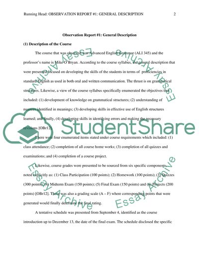 Course: Observation of Teaching English/ Observation Report 1