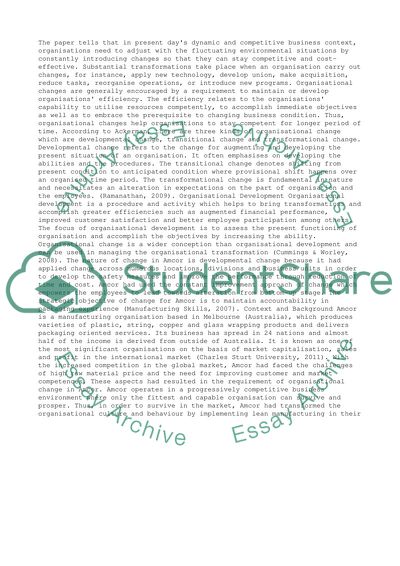 The organisational change of a packaged manufacturing company of Australia named Amcor